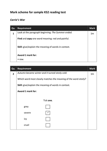 CARRIE'S WAR SHORT SAMPLE KS2 READING TEST SATS STYLE WITH MARKS SCHEME