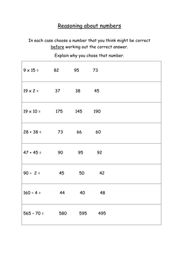 Maths Reasoning Worksheet/Homework