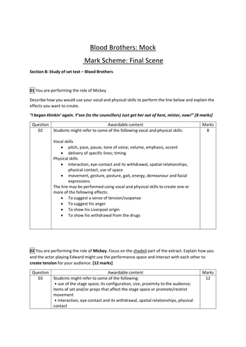 AQA GCSE Drama: New Specification. 50 mins Blood Brothers mock/test with markscheme