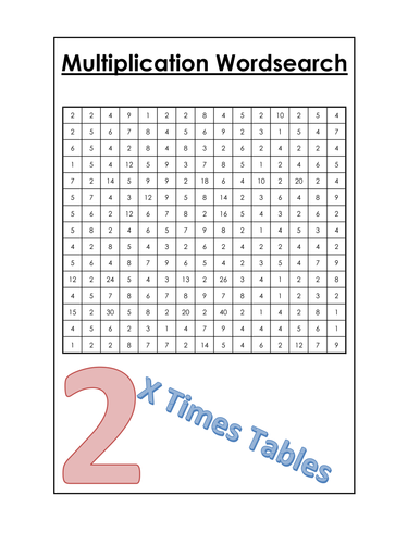 Multiplication Wordsearch 2X tables