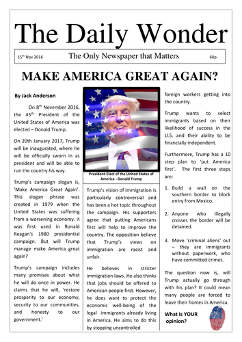 Trump - Newspaper article focusing on Trump's views on immigration with 12 comprehension questions