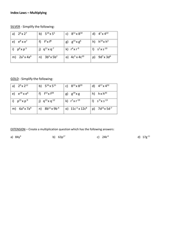 Index Laws - Multiplying and Dividing