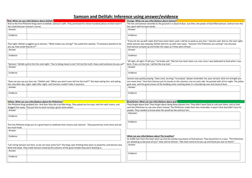 Samson and Delilah: literacy worksheets differentiated: Bible Stories/myths