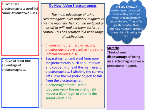 Do Now comprehension on using electromagnets