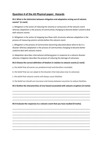 NEW AQA AS level; Mid topic assessment for AS Level Hazards