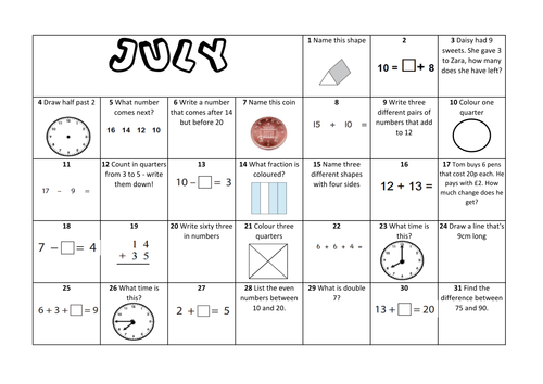Question a Day Calendar (Maths) - July KS1 by laurajanetutoring ...