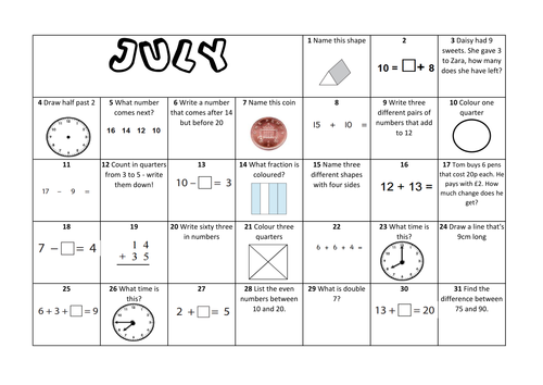 Question a Day Calendar (Maths) - July KS1