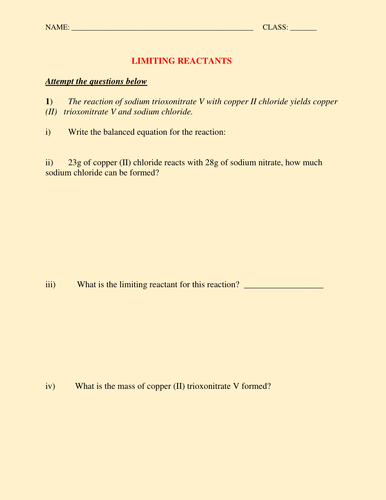 LIMITING REACTANT AND YIELD WORKSHEET WITH ANSWERS