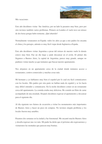 Mis vacaciones texto y preguntas / My holidays text and questions (differentiated)