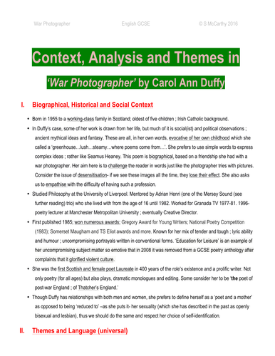 English Literature GCSE Carol Ann Duffy War Photographer