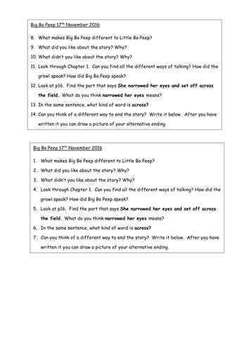 Guided Reading Big Bo Peep Task KS1/LKS2