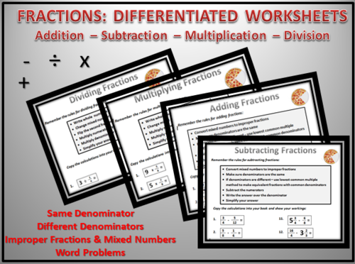 FRACTIONS Worksheets: Add-Subtract-Multiply-Divide