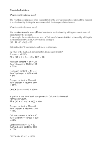 Chemical calculations 2: Relative masses, % calculations