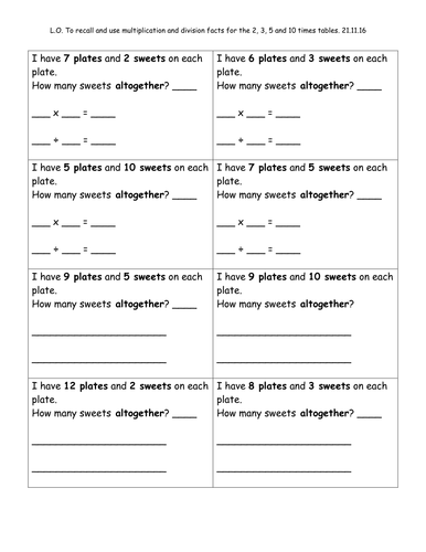 Year 2 - recall and use multiplication and division facts for the 2x, 3x, 5x, 10x tables. 3 levels