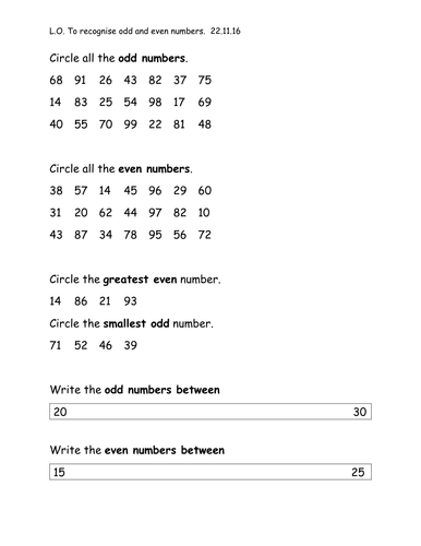 Year 2 odd and even numbers, worksheets differentiated 3 ways