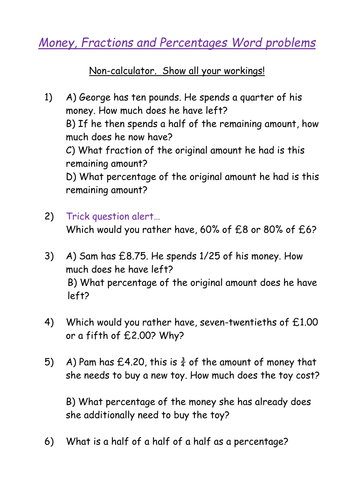 fractions and percentages with money word problems teaching resources