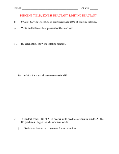 PERCENT YIELD AND LIMITING REACTANT WORKSHEET WITH ANSWERS | Teaching
