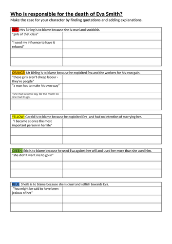Who is responsible for the death of Eva Smith: An Inspector Calls differentiated worksheet