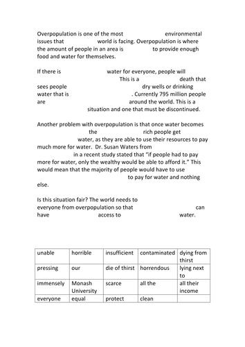 Cloze exercise using persuasive devices on overpopulation