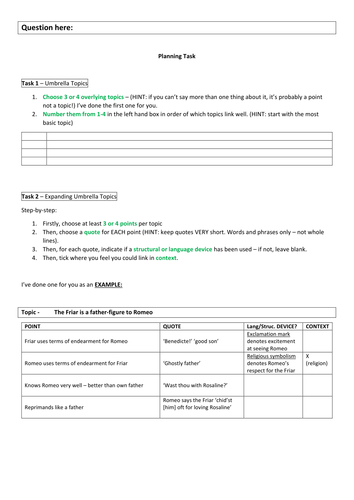GCSE English Essay Planning Template