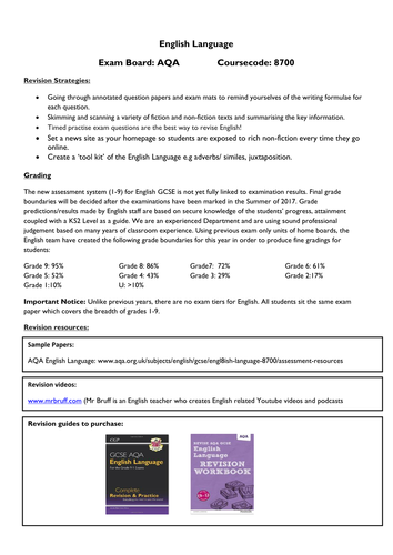 AQA revision/ parental support sheet English Language- Exam Guidance- Mocks/ PPE- new spec- 9-1