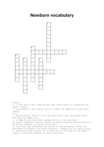 NEWBORN VOCABULARY CROSSWORD