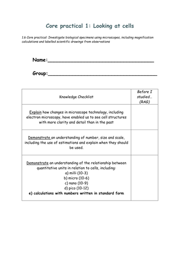 Edexcel Core practical guides for Combined Science Biology - student progress and guides