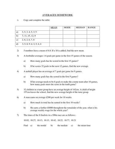 Averages Homework