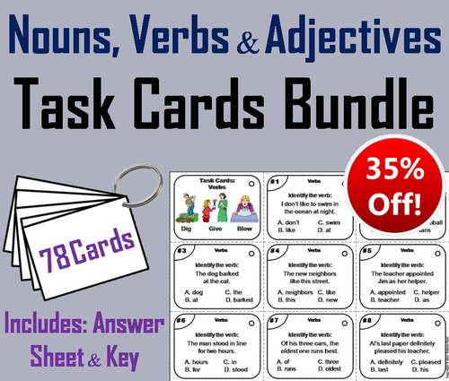 Nouns Verbs Adjectives Task Cards