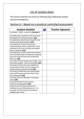 AQA GCSE Drama - Old Specification - Revision checklist