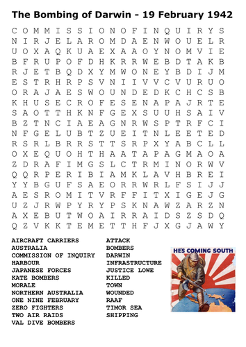 The Bombing of Darwin Word Search