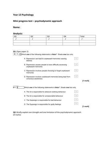 AQA Alevel psychology psychodynamic approach lessons and mini assessment