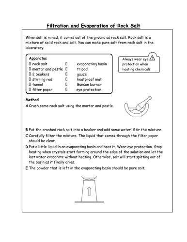Filtration and Evaporation of rock salt - Differentiated worksheet and experiment method