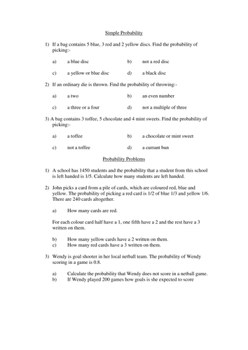 Simple Probability Problems Homework or Review