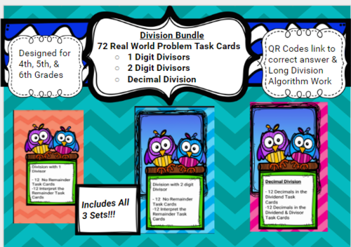 Long Division Bundle -72 Real World Task Cards With QR Codes & Work - All 3 Sets