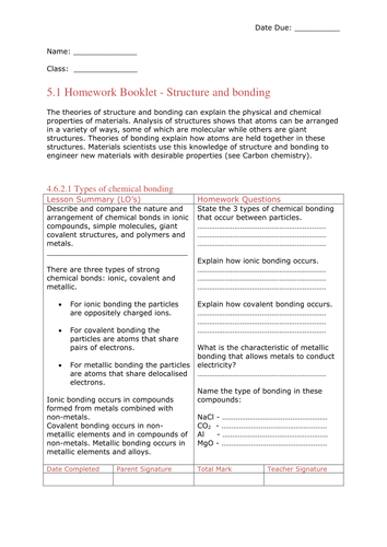 C2 Structure & Bonding AQA (New Spec) Whole Topic Homework Task