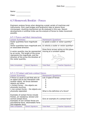 P5 Forces & Moments AQA (New Spec) Whole Topic Homework Task