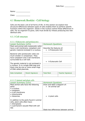 B1 Cell Biology AQA (New Spec) Whole Topic Homework Task