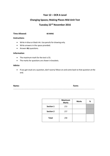 OCR A Level - Changing Spaces; Making Places - Mid Unit Assessment Paper