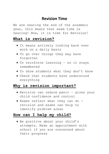 Letter to Parents regarding Revision before Exams | Teaching Resources