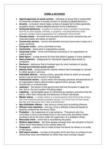 Crime and Deviance Key words