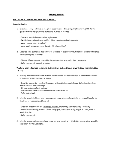 Sociology likely questions unit 1