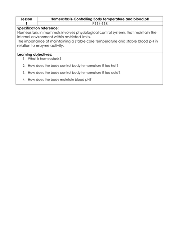 Homeostasis Year2 Alevel Biology Lesson order and plan for students