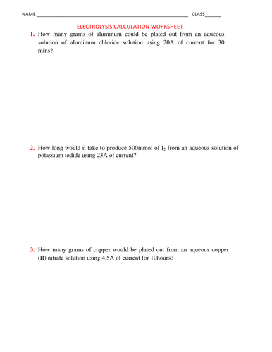 ELECTROLYSIS CALCULATION WORKSHEET WITH ANSWERS