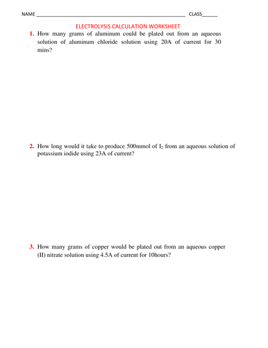 Electrolysis Calculation Worksheet With Answers Teaching Resources