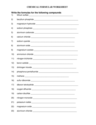 CHEMICAL FORMULA WORKSHEET WITH ANSWERS | Teaching Resources