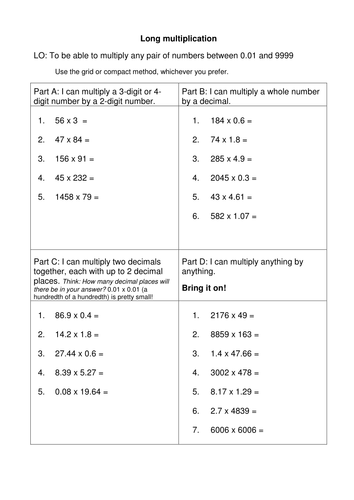 Long multiplication practice, 4 levels: builds up to decimals (2dp x 2dp)