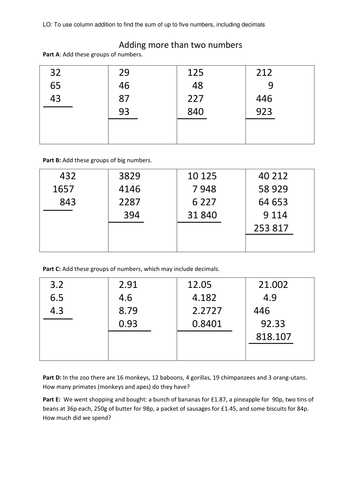 Column addition practice: adding 3, 4 or 5 numbers | Teaching Resources