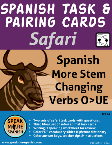 Spanish Task & Pairing Cards *Stem Changing Verbs O>UE *SAFARI* Presente Verbos de Cambios Radicales