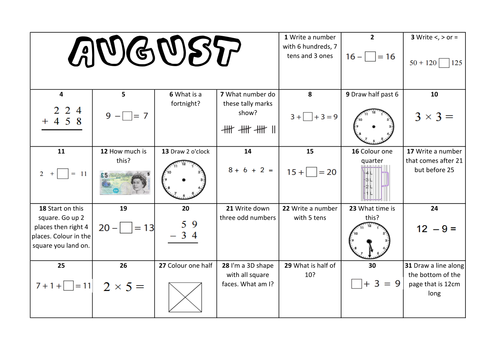 Question a Day Calendar (Maths) - August KS1